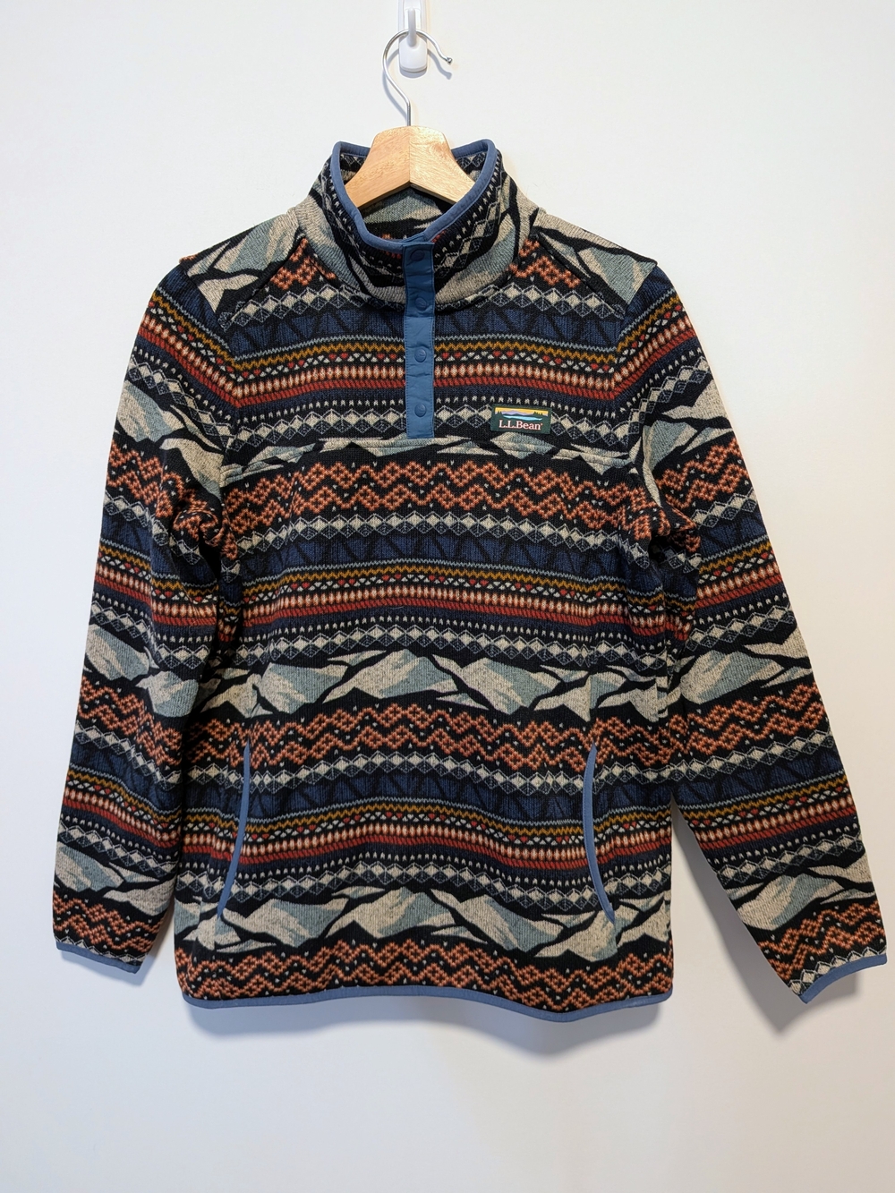 L.L.Bean Women's M Sweater Fleece Pullover Mountain Fair Isle Snap Neck
